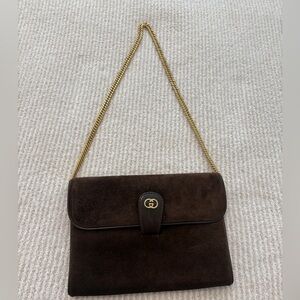 Vintage Gucci Brown Suede Clutch with Gold Chain
